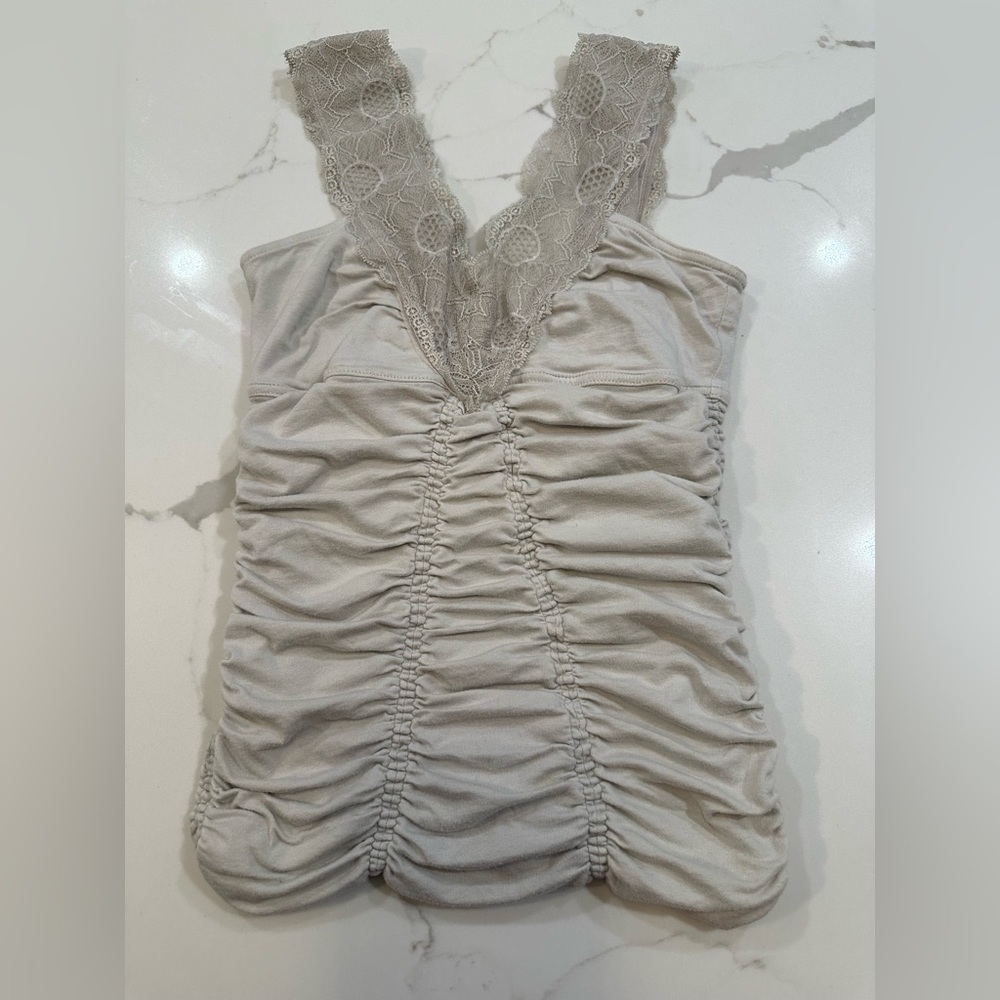 Free People Gray Ruched Tank with Lace-Size XS
